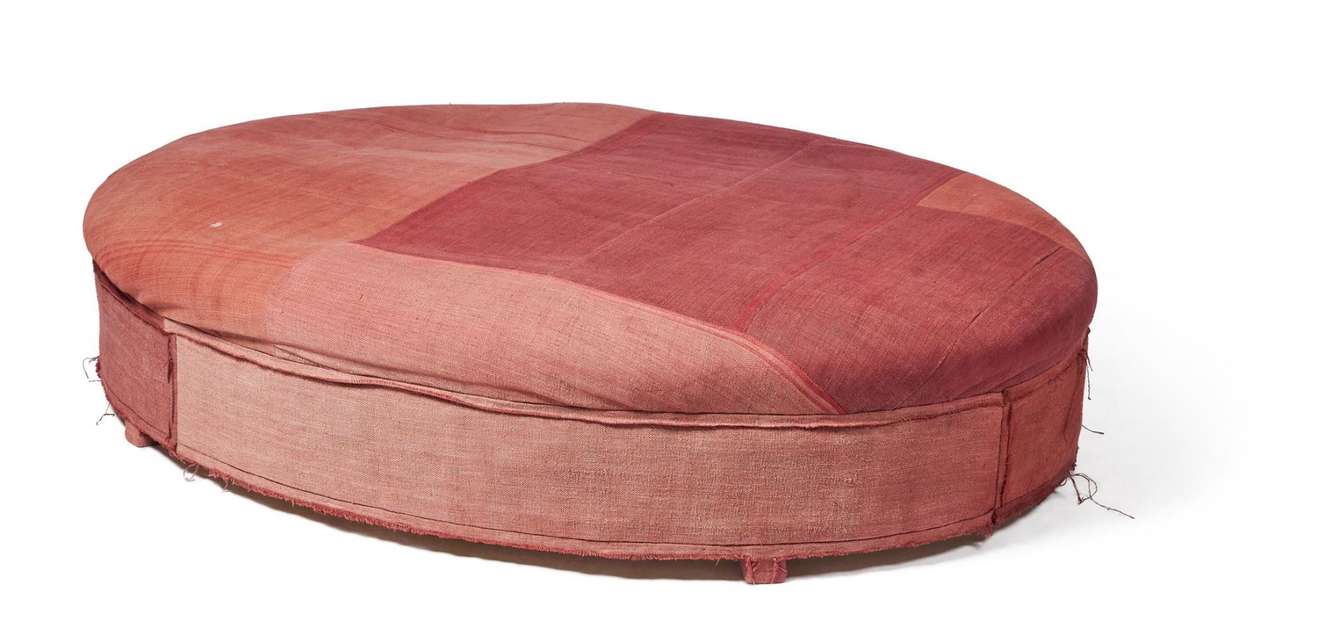 A PINK UPHOLSTERED CIRCULAR CENTRE STOOL, 20TH CENTURY