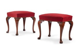 A PAIR OF WALNUT AND UPHOLSTERED STOOLS IN GEORGE II STYLE, 19TH CENTURY