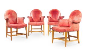 A SET OF FOUR OAK AND RED-LEATHER UPHOLSTERED SIDE CHAIRS, SECOND HALF 20TH CENTURY