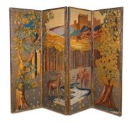 AN EMBROIDERED FOUR FOLD SCREEN, EARLY 20TH CENTURY