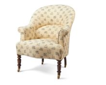 A VICTORIAN WALNUT AND UPHOLSTERED NURSING CHAIR, CIRCA 1880 AND LATER UPHOLSTERED