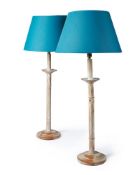 A PAIR OF LIMED OAK COLUMNAR TABLE LAMPS