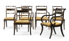 A SET OF SIX REGENCY EBONISED AND PARCEL GILT DINING CHAIRS, CIRCA 1815