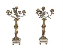 A PAIR OF GILT METAL AND MARBLE TABLE LAMPS