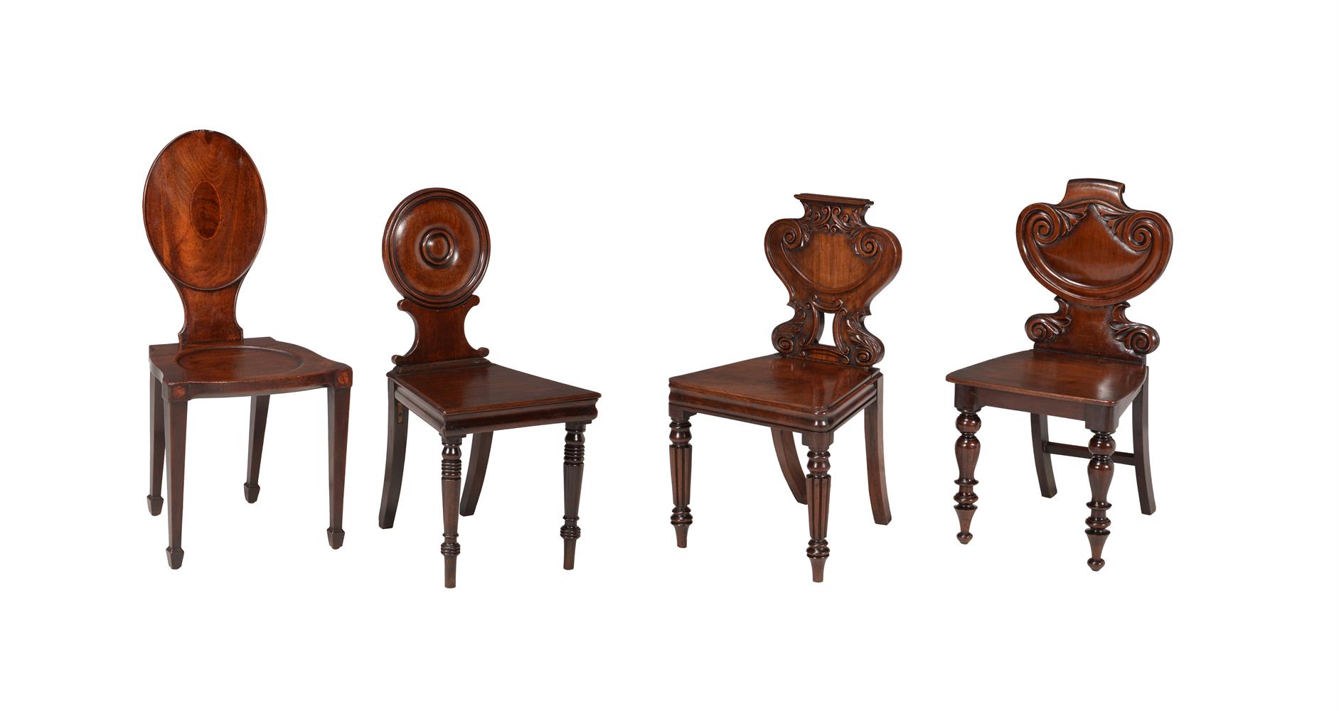 A GROUP OF FOUR VARIOUS MAHOGANY HALL CHAIRS