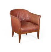 AN OAK AND LEATHER UPHOLSTERED TUB ARMCHAIR