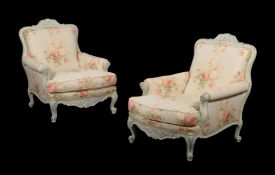 A PAIR OF FRENCH PAINTED AND UPHOLSTERED ARMCHAIRS IN LOUIS XV STYLE
