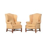A PAIR OF MAHOGANY AND YELLOW UPHOLSTERED ARMCHAIRS IN GEORGE III STYLE
