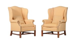 A PAIR OF MAHOGANY AND YELLOW UPHOLSTERED ARMCHAIRS IN GEORGE III STYLE