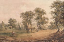 ENGLISH SCHOOL (19TH CENTURY), FIGURES IN A PARK WITH A COUNTRY HOUSE BEYOND