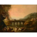 FOLLOWER OF AELBERT CUYP, ITALIANATE LANDSCAPE WITH TRAVELLERS AND CATTLE CROSSING A BRIDGE
