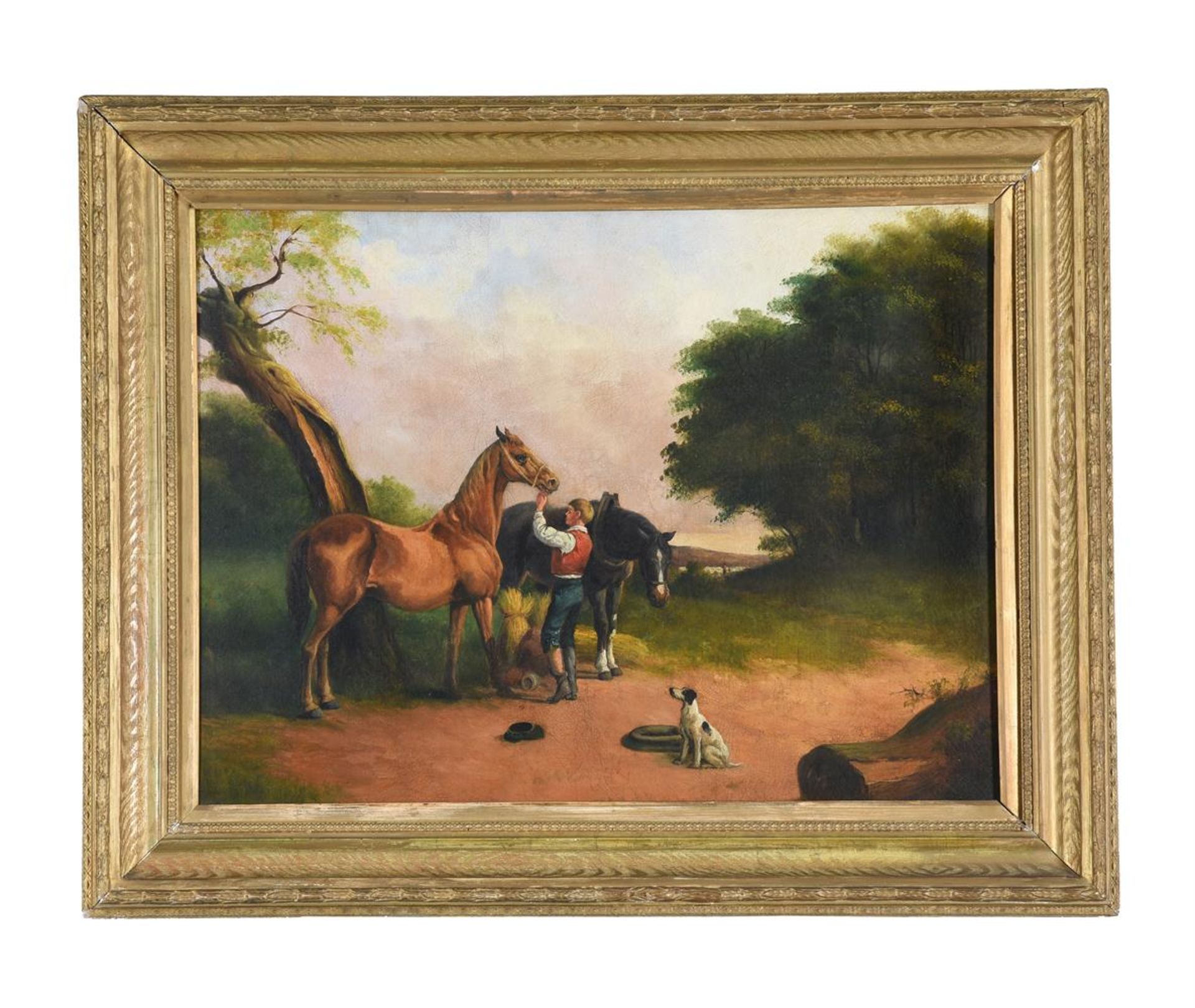 ENGLISH SCHOOL (19TH CENTURY), A BOY TENDING TO TWO HORSES - Image 2 of 3