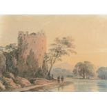 JOHN VARLEY SENIOR (BRITISH 1778-1842), FIGURES BY A CASTLE ON A LAKE