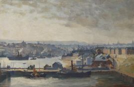 λ CHARLES ERNEST CUNDALL (BRITISH 1890-1971), A PORT VIEW WITH CITY BEYOND
