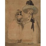 FOLLOWER OF THOMAS ROWLANDSON, TWO WOMEN, ONE HOLDING A FAN, THE OTHER WEARING A LARGE FEATHERED HAT