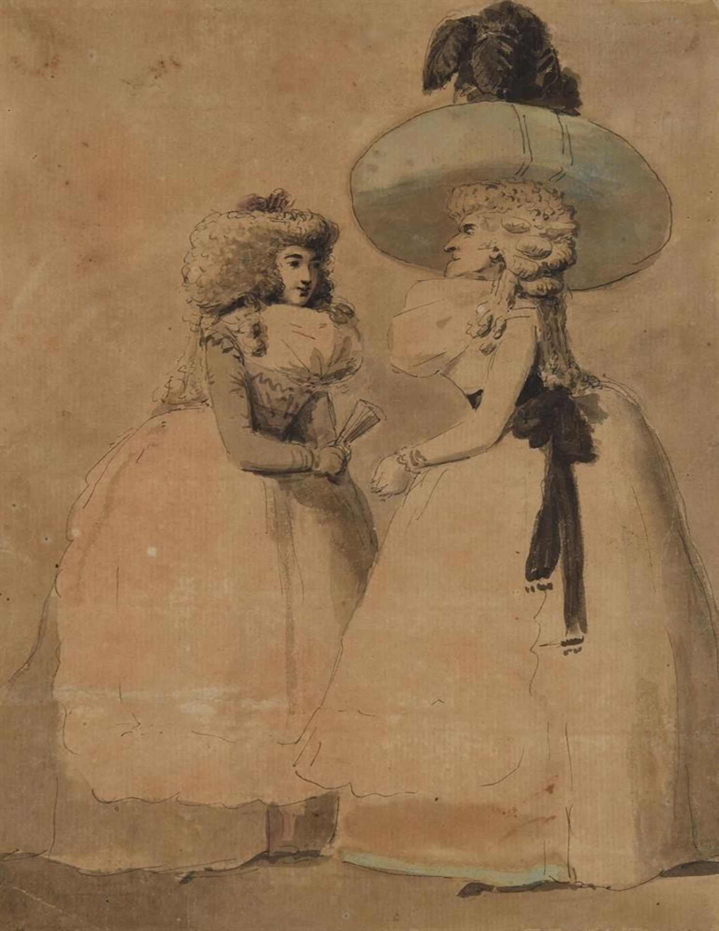 FOLLOWER OF THOMAS ROWLANDSON, TWO WOMEN, ONE HOLDING A FAN, THE OTHER WEARING A LARGE FEATHERED HAT