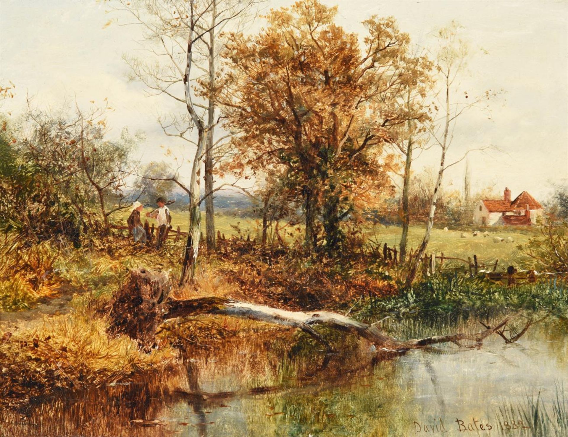 DAVID BATES (BRITISH 1840-1921), FIGURES BY A POND