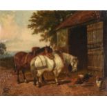 BRITISH SCHOOL (19TH CENTURY), HORSES AND CHICKENS BY A STABLE