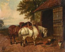 BRITISH SCHOOL (19TH CENTURY), HORSES AND CHICKENS BY A STABLE