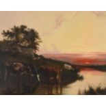 BRITISH SCHOOL (20TH CENTURY), HORSES BY A RIVER AT SUNSET