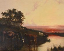 BRITISH SCHOOL (20TH CENTURY), HORSES BY A RIVER AT SUNSET