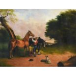 ENGLISH SCHOOL (19TH CENTURY), A BOY TENDING TO TWO HORSES