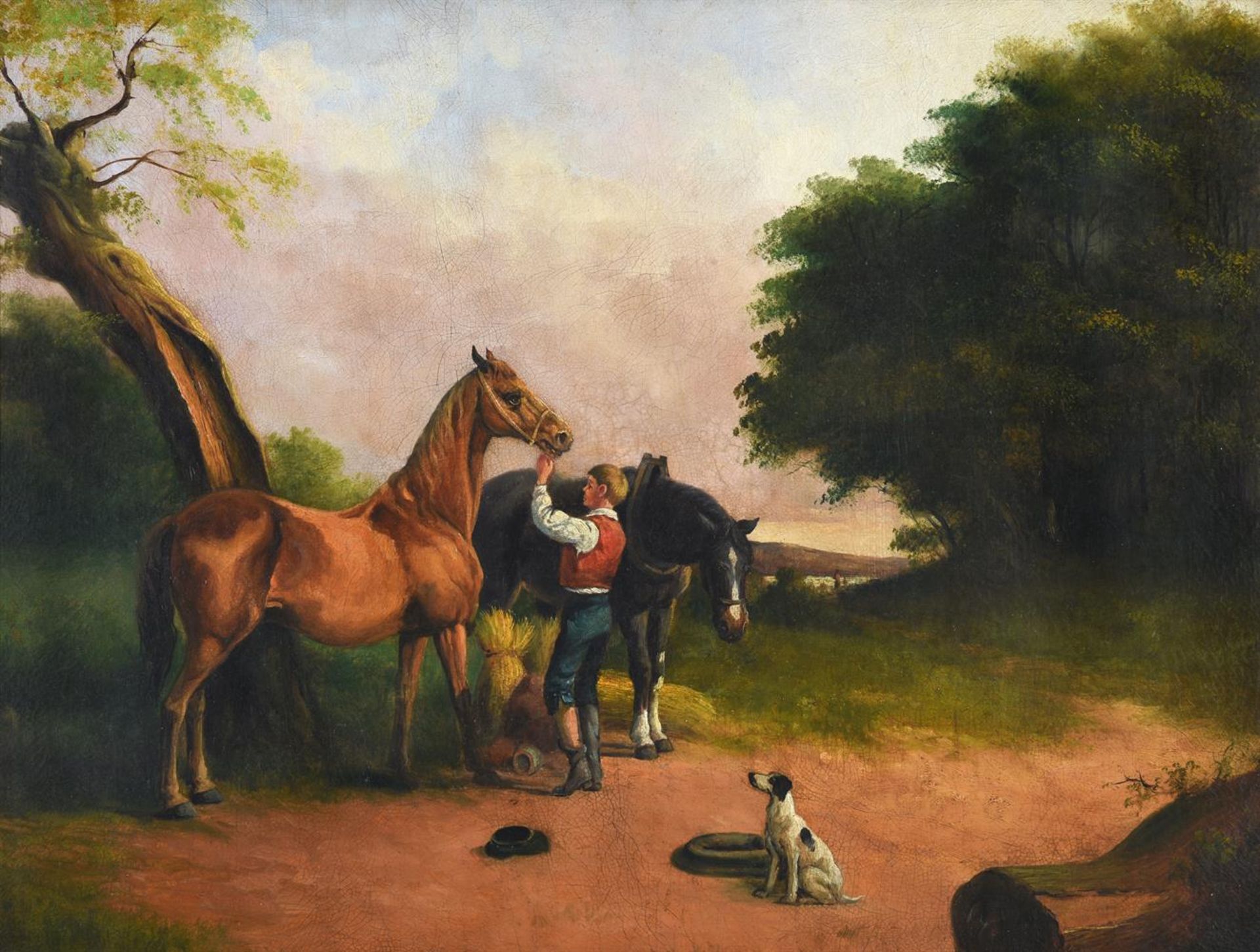 ENGLISH SCHOOL (19TH CENTURY), A BOY TENDING TO TWO HORSES