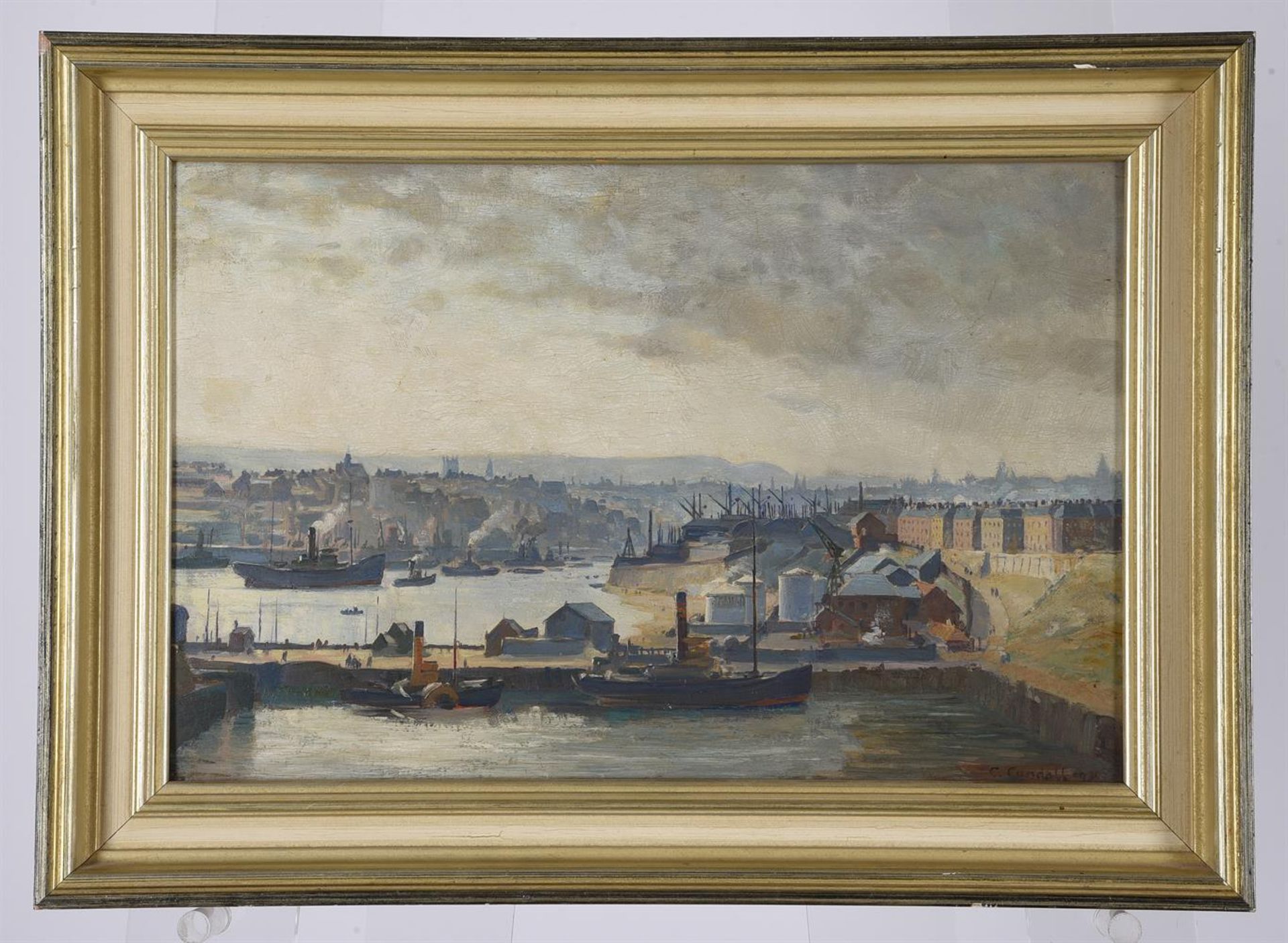 λ CHARLES ERNEST CUNDALL (BRITISH 1890-1971), A PORT VIEW WITH CITY BEYOND - Image 2 of 3