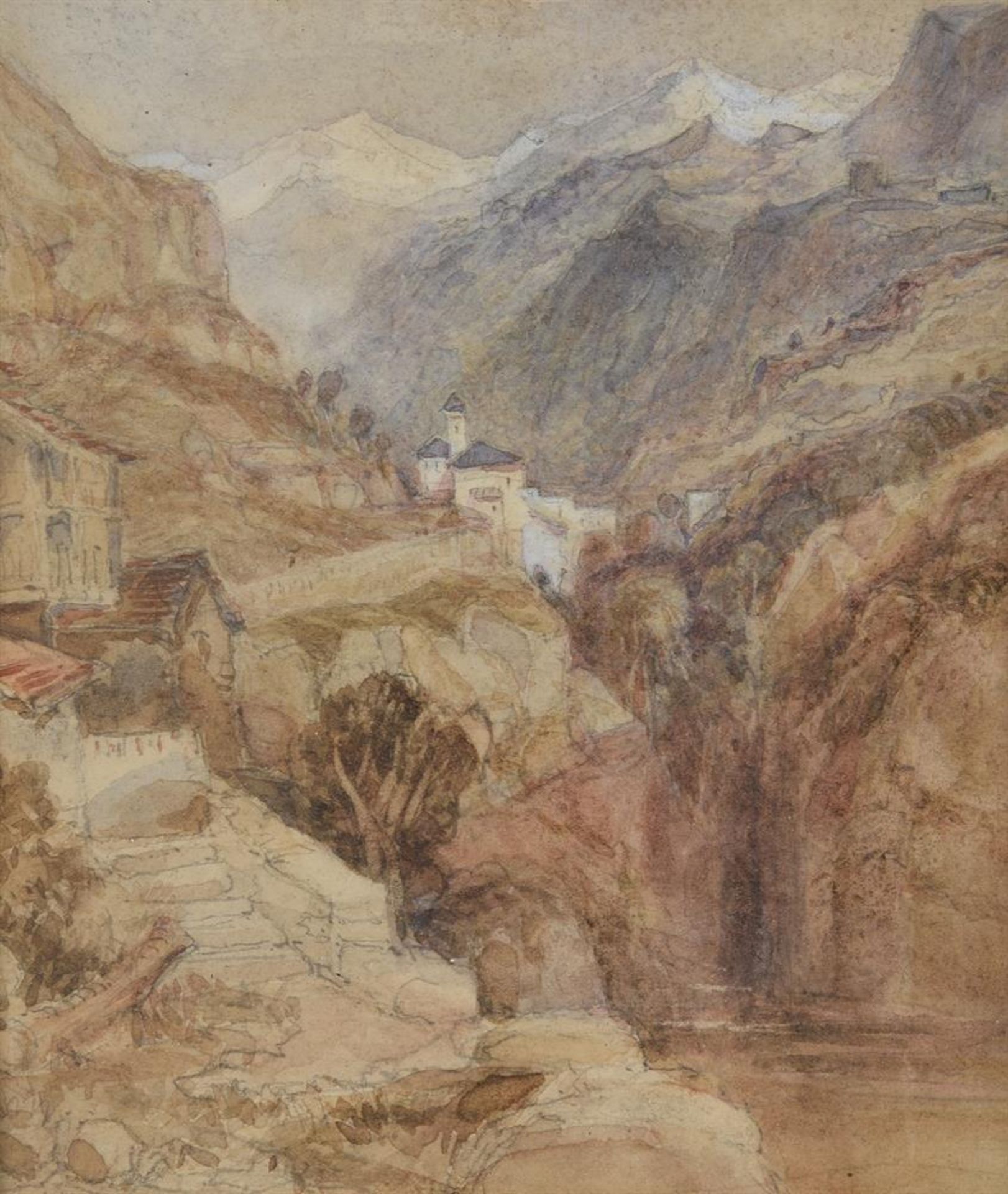 ATTRIBUTED TO MYLES BIRKET FOSTER (BRITISH 1825-1899), AN ALPINE VILLAGE