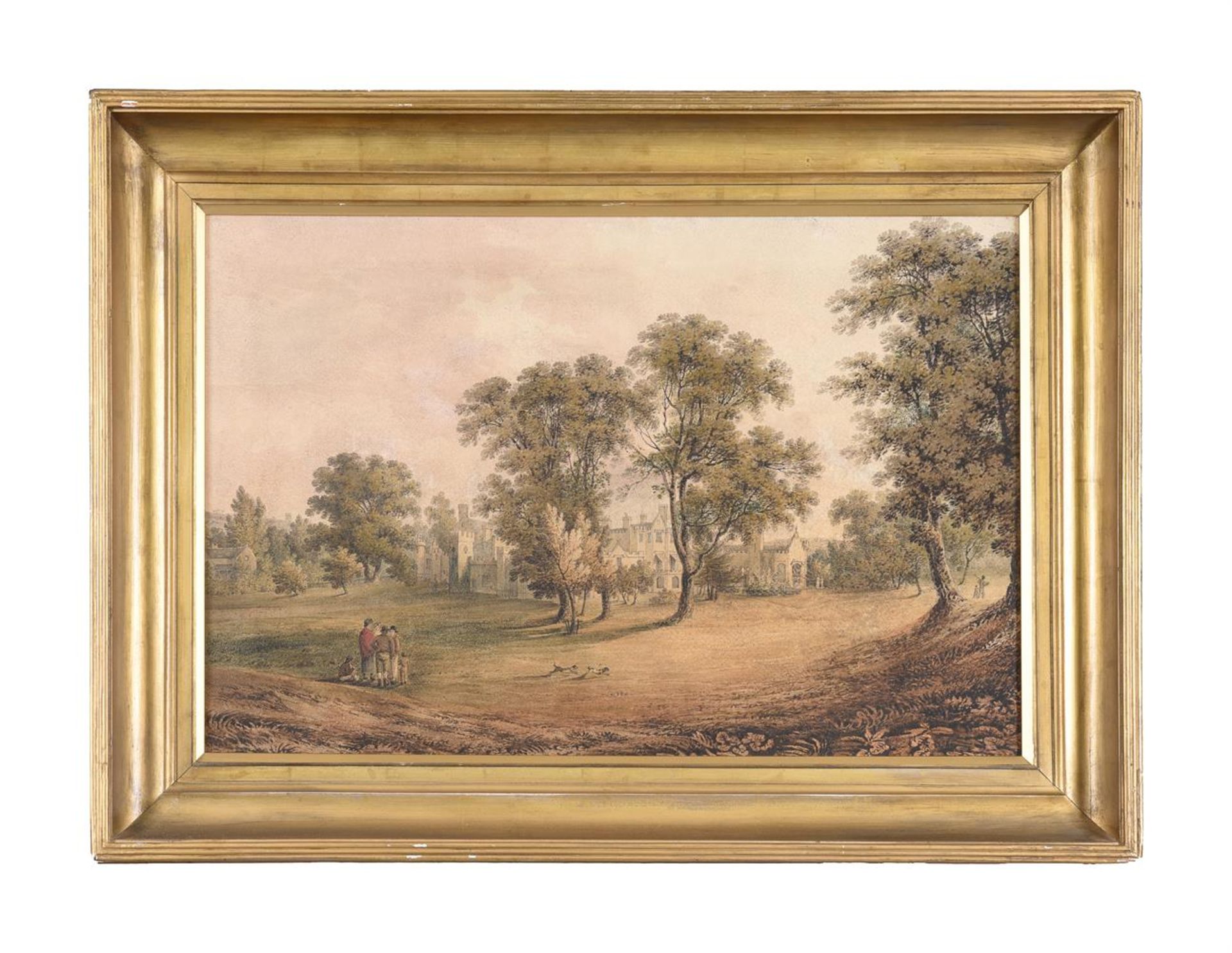 ENGLISH SCHOOL (19TH CENTURY), FIGURES IN A PARK WITH A COUNTRY HOUSE BEYOND - Image 2 of 3