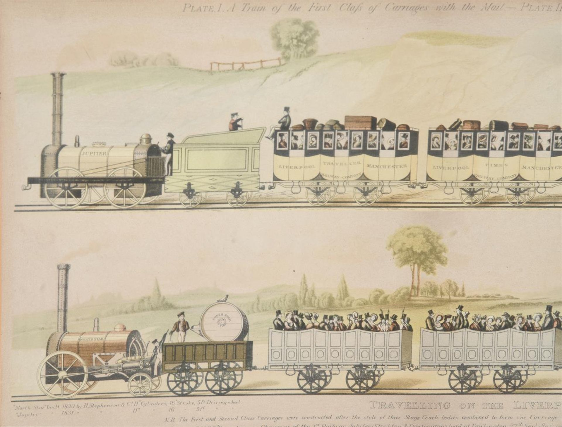 A pair of framed prints of early 19th Century locomotives with carriages. - Bild 2 aus 2