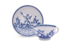 A rare Chinese blue and white cup and saucer with a scene from Roman mythology