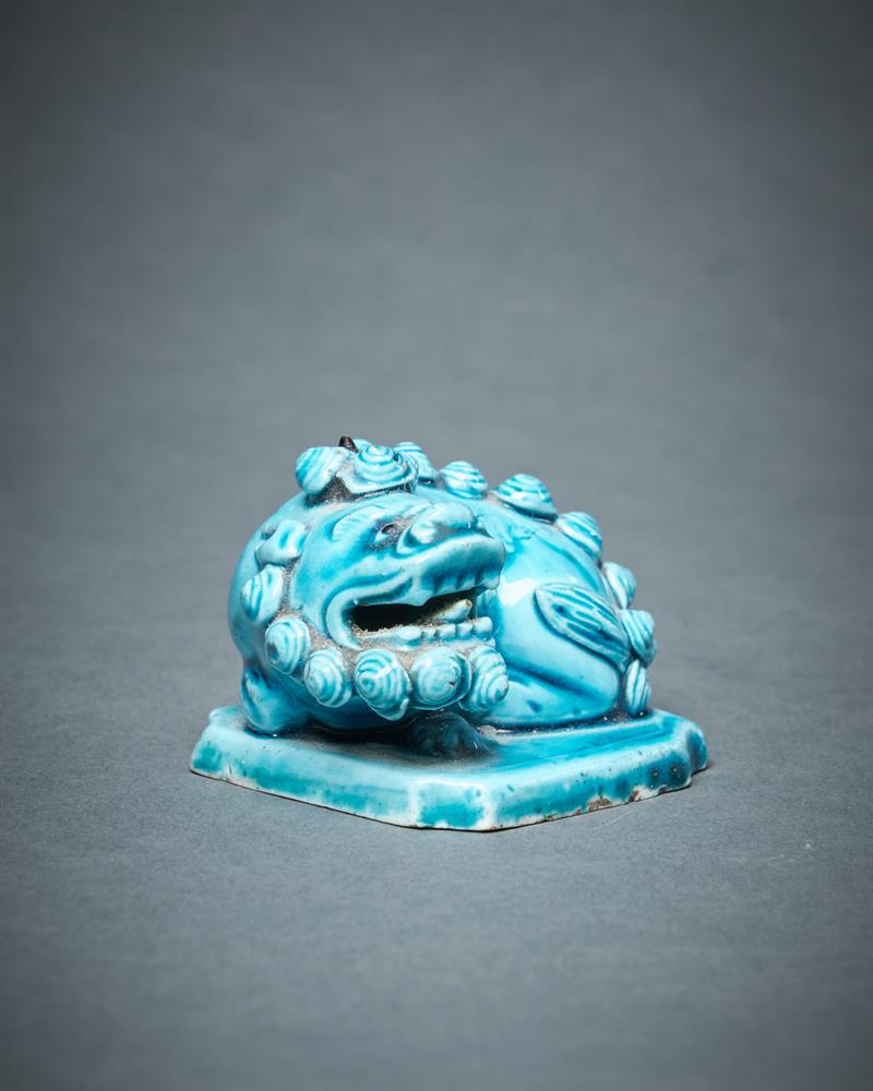 A Chinese turquoise glazed model of a Buddhist Lion joss stick holder - Image 2 of 4