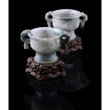 Two attractive Chinese jadeite archaistic gui-form censers