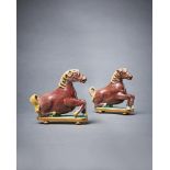 Two Chinese gilt-bronze mounted biscuit glazed water dropper models of horses