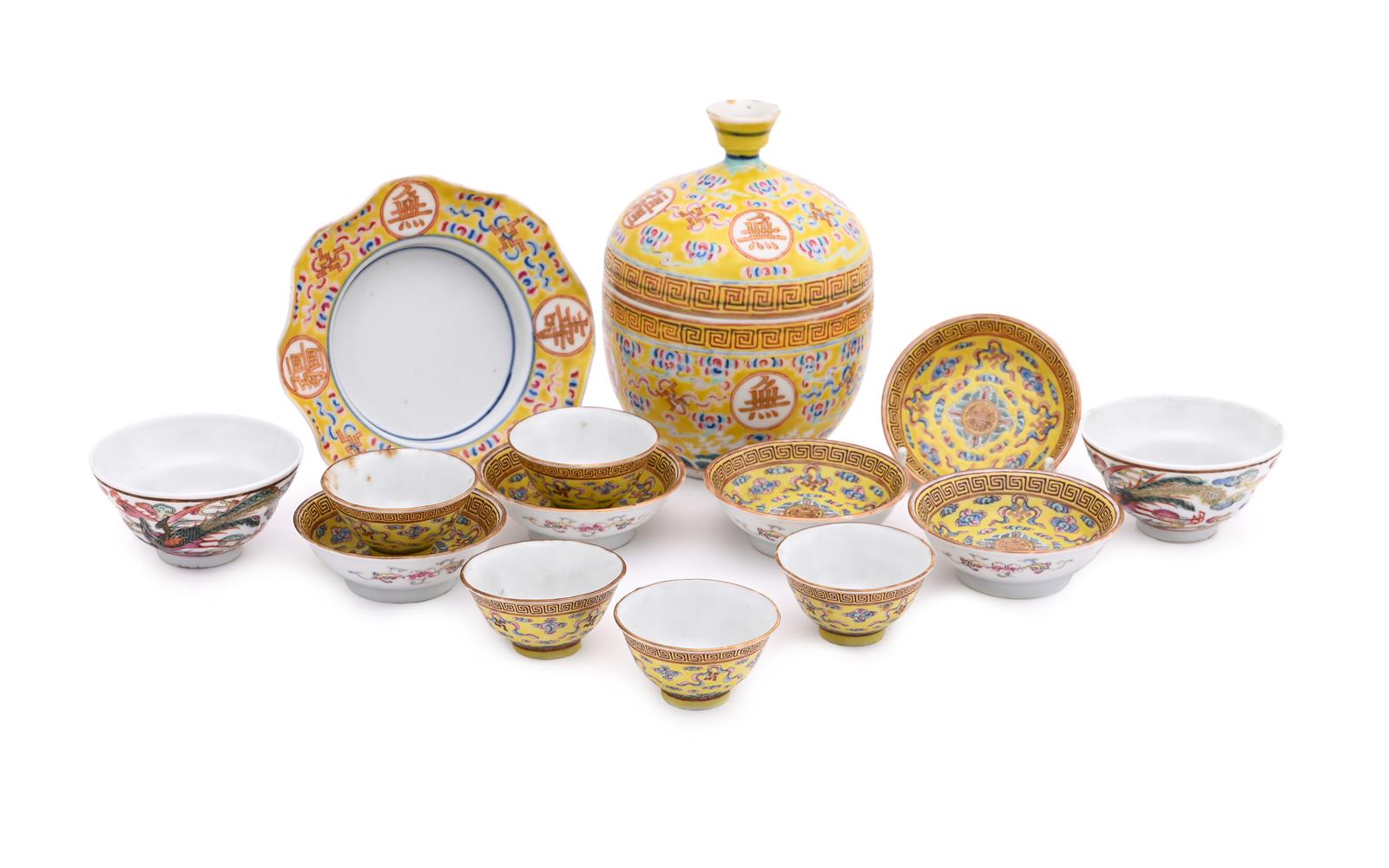 Five Chinese yellow-ground 'Birthday' tea bowls and saucers