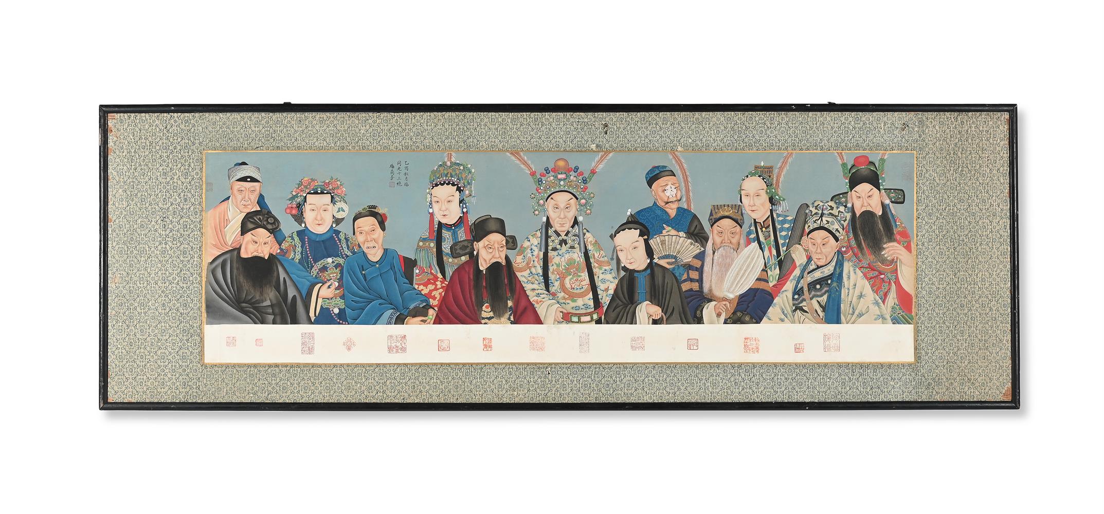 A large Chinese painted panel of Peking Opera figures