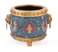 A Chinese cloisonne drum-shaped tripod censer