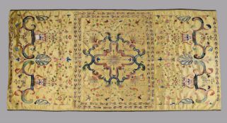 A rare Chinese Imperial yellow satin silk Kang cover