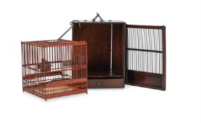A Chinese wood and bamboo square bird cage and case