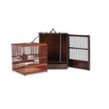 A Chinese wood and bamboo square bird cage and case