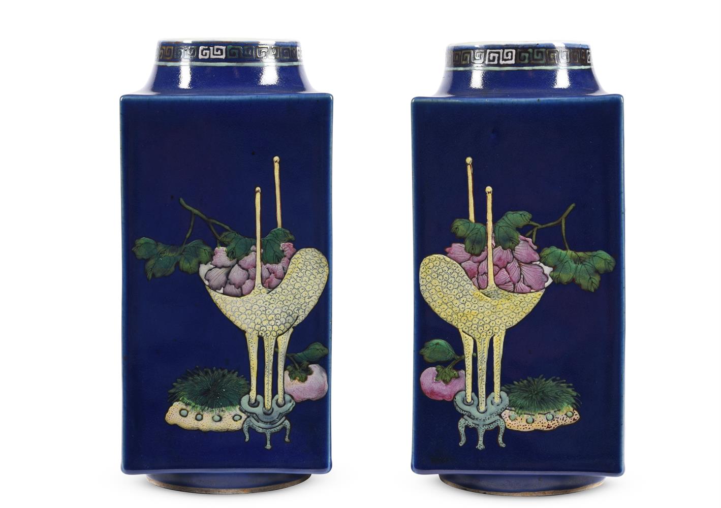 A pair of Chinese famille rose square cong vases - Image 4 of 6