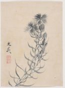 A Japanese Sumi-e painting on paper depicting a leafy stem of a coastal flower