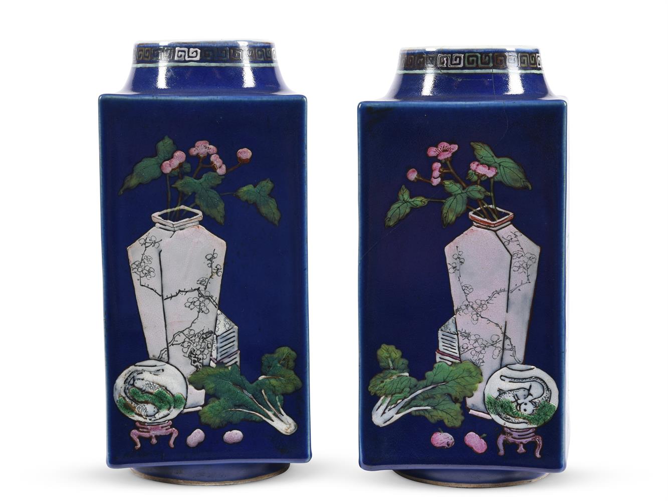 A pair of Chinese famille rose square cong vases - Image 3 of 6