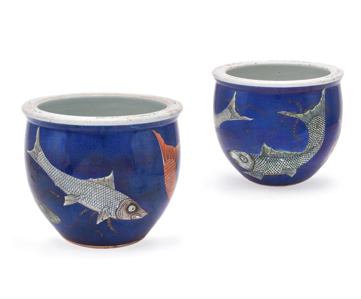 A pair of Chinese powder blue 'fish' jardinières