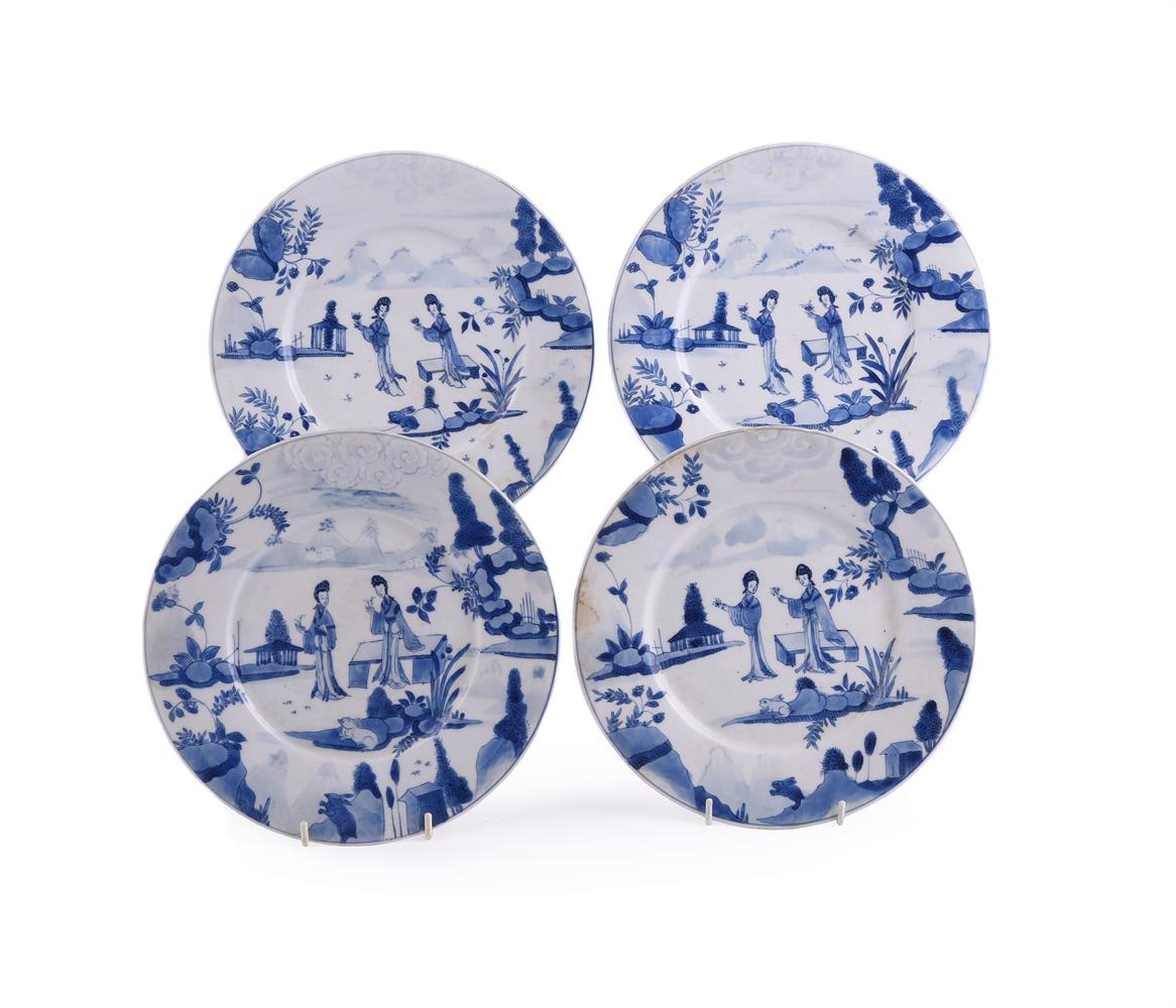 A set of four Chinese blue & white 'ladies' plates