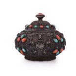 Y A Chinese silver turquoise and coral inlaid small vase and cover