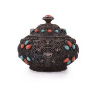 Y A Chinese silver turquoise and coral inlaid small vase and cover