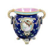 A MAJOLICA BLUE GROUND TWO HANDLED JARDINIERE