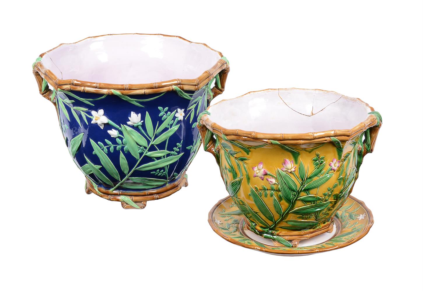 A MINTON MAJOLICA TWO HANDLED JARDINIERE